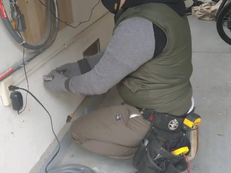 Electrician performing outlet wiring in a Le Roy garage